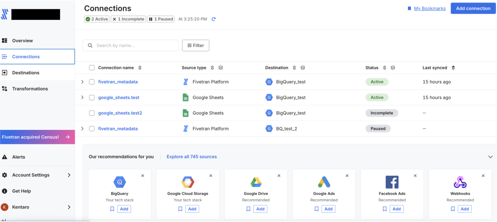 FivetranのGUIを示す画像